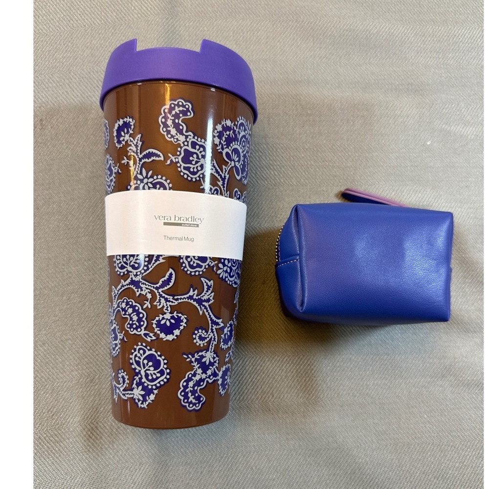 Vera Bradley Cotswolds Thermal Mug 16oz & Deep Ultramarine Mini Cosmetic Bag Set